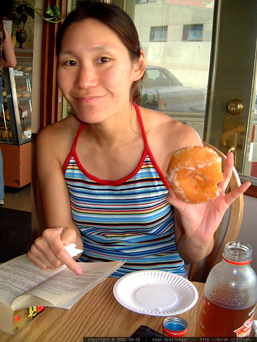 on her birthday, with james clavell and a donut   dscf0112