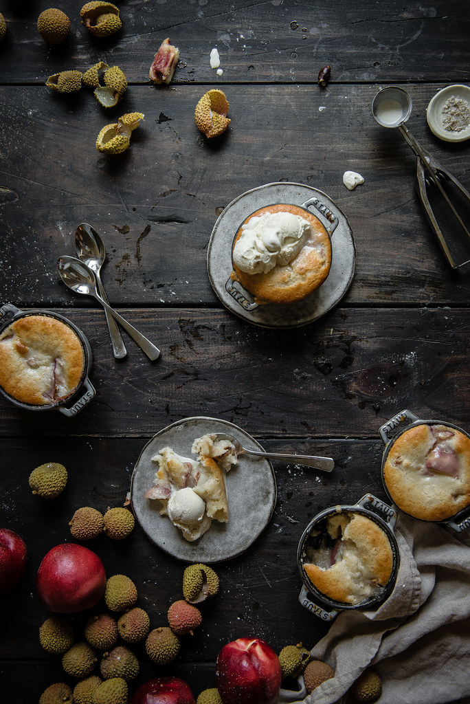 white nectarine & lychee cobbler | two red bowls