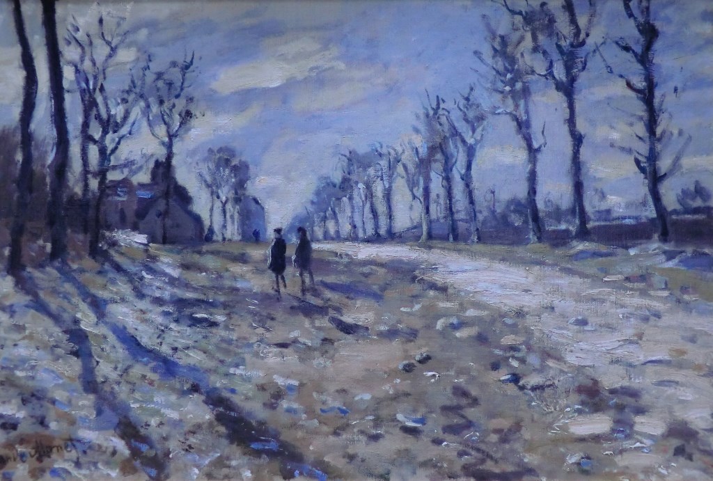Route, effet de neige, soleil couchant (Snow Effect along a Road with Setting Sun) by Claude Oscar Monet