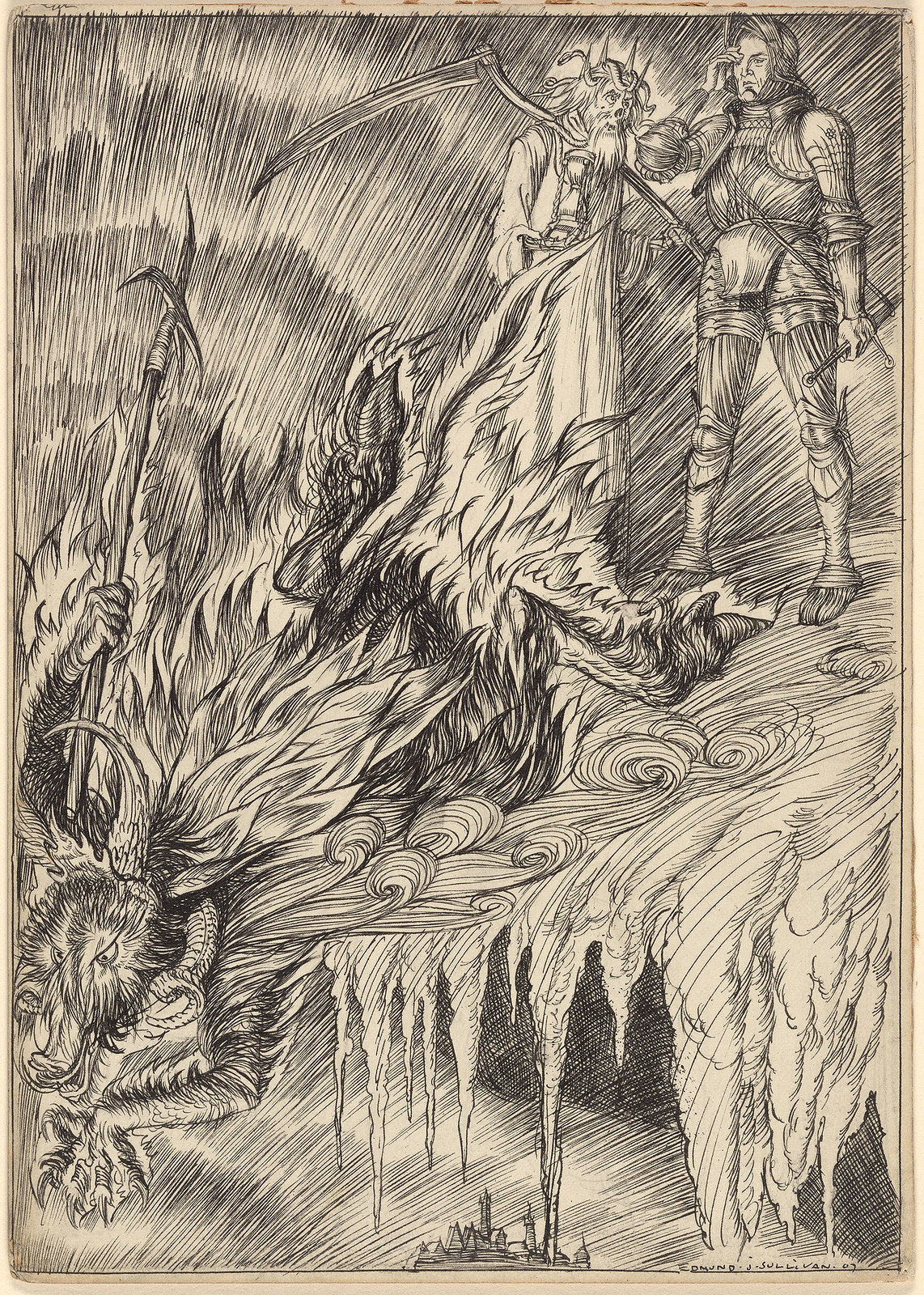 Edmund Joseph Sullivan - The dwarf, shuddering and scolding, leapt away into a dark ravine, 1907