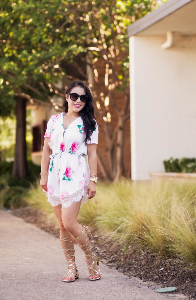cute & little blog | petite fashion | white pink floral lace romper, gold lace-up gladiator sandals | spring summer outfit