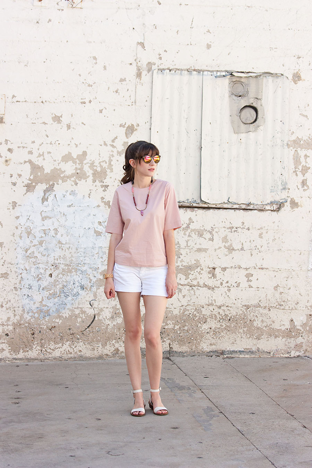 Everlane Shirt, White Shorts, Mirrored Sunnies, History and Industry Necklace