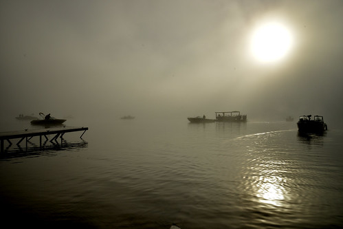 The boats getting ready to head out on Strawberry Reservoir on a foggy morning.
