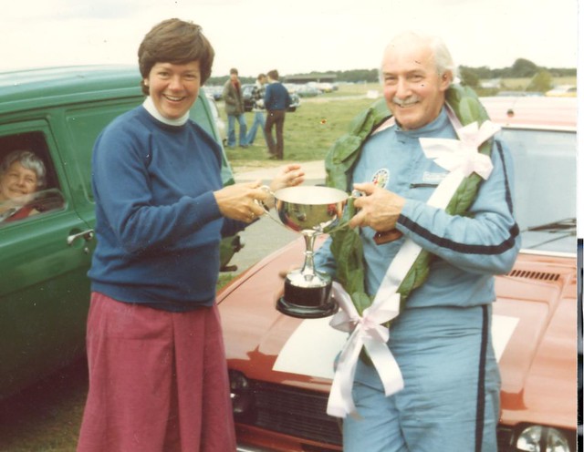 Where it all started. Maurice Macaulay receives the winner’s trophy from Jenny Taylor at the Snetterton “pilot” race in  September 1981.