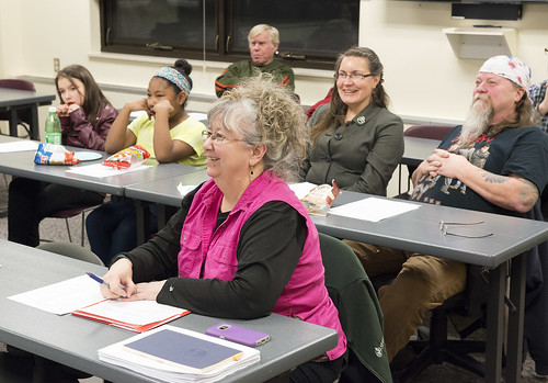 Participants in Kenai Peninsula College's Dena'ina language class listen to a student's final presentation in December. Pictured from right are Matt and Wanda Reams, Council member Bernadine Atchison, professor Alan Boraas, and the Reams' children Madison