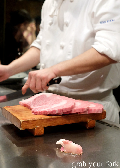 Kobe wagyu beef sirloin fat at Wakkoqu, Kobe, Japan