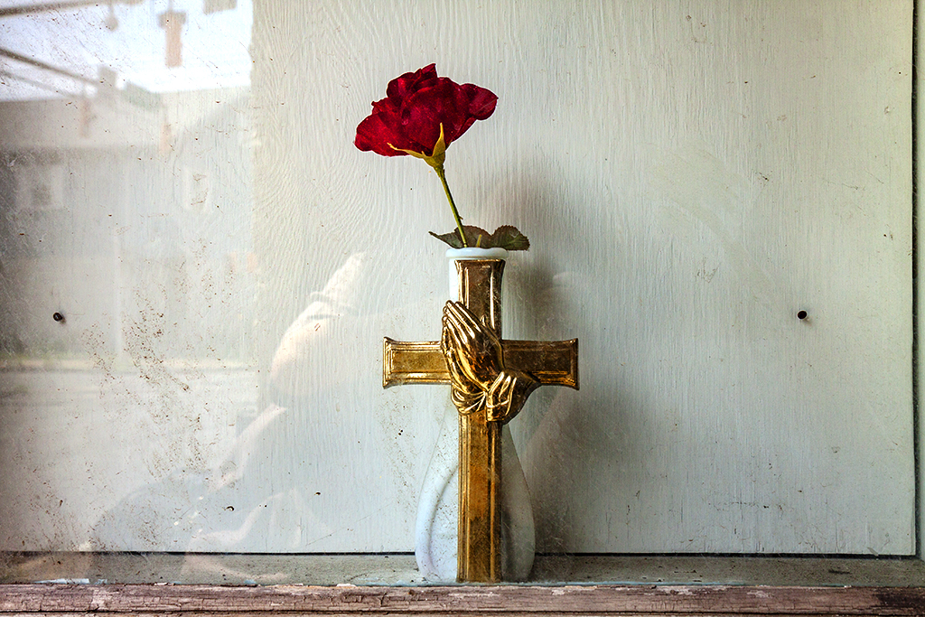 Rose and cross in window--Wilkes-Barre