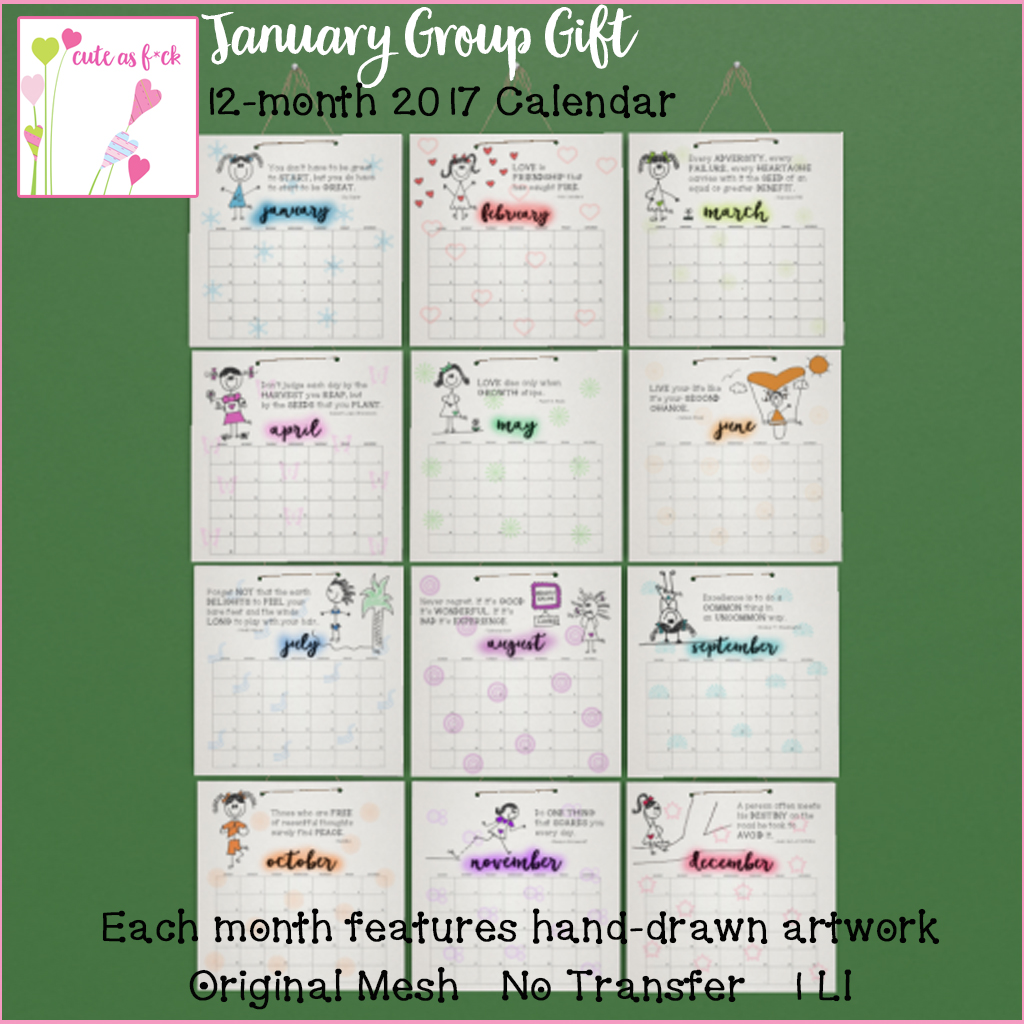 January Group Gift – 2017 Calendar with ::cute as f*ck:: Art!