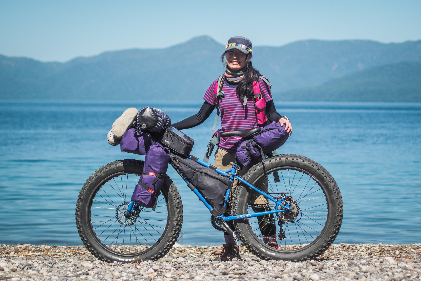 Kumiko and her awesome XS sized Surly Pugsley with self-made custom bike packs (Lake Shikotsu, Hokkaido, Japan)