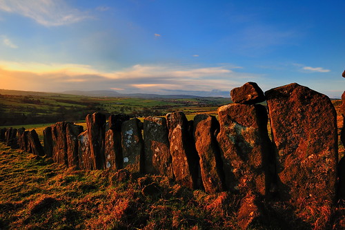 vaccary wall walling sunset golden pendlehill pendle wycoller landscape lancashire blue sky whale back dry stone decaying decay gap crumbling grass wycollar grassland field fields meadow moor moorland farmland countryside imagestwiston sunlit afternoon clouds whaleback forestofbowland aonb profile unmistakeable hill fell mountain ultrawide ultra wideangle wide angle dusk goldenlight goldenhour laneshawbridge