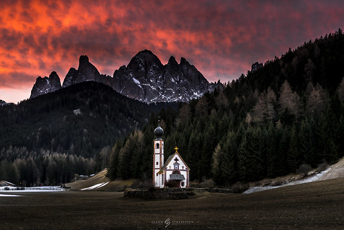 dolomites mountains sunrise church red morning