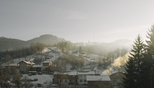 country village house houses winter smog fog smoke fire cold snow snowy ice icecold cool wintertime time mountain mountains sun sunshine sunrise sunny morning tree trees landscape landscapes architecture old building buildings shine nature natural
