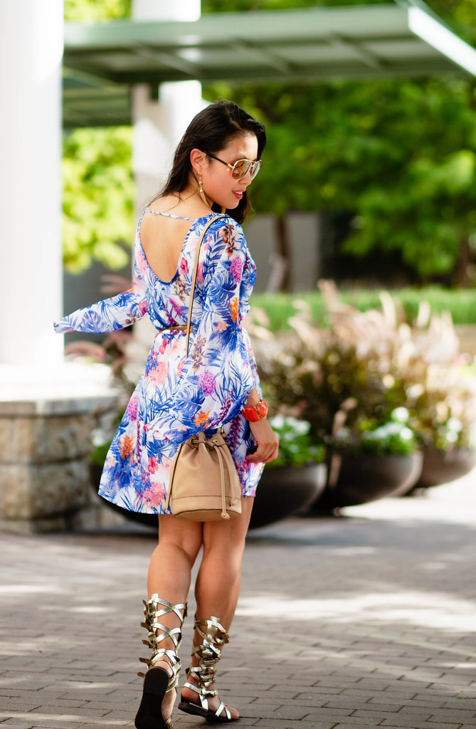 cute & little blog | petite fashion | pink blush tropical chiffon dress, bucket bag, gladiator sandals | summer outfit