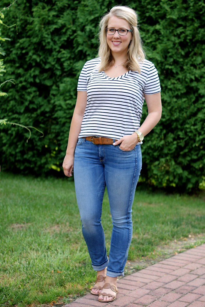 striped tee with jeans and cognac sandals