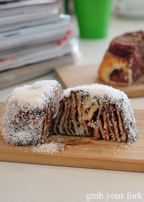 Layers of jam inside the chocolate raspberry coconut scroll at Oregano Bakery, South Hurstville
