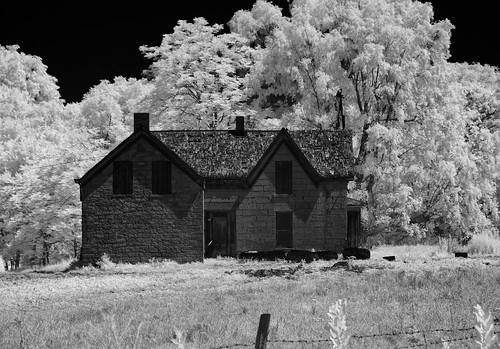 trees fence shadows tires pasture wires oxidation infrared weathered boardedupwindows brokenroof unpaintedwood