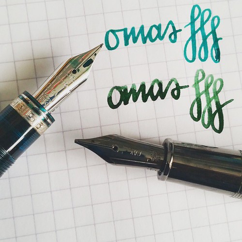 Nib width comparison extra flessible medium to 18k b - I dare not to flex the extra flessible too much because it's really, really soft. The 18b has a little spring to it. #omas #fountainpen #fpgeeks #ogivaalba #arteitaliana #vision #liquidgreen #akkerman