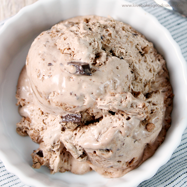 Chocolate Cake Batter Ice Cream with Chocolate Chunks in a white bowl close up.