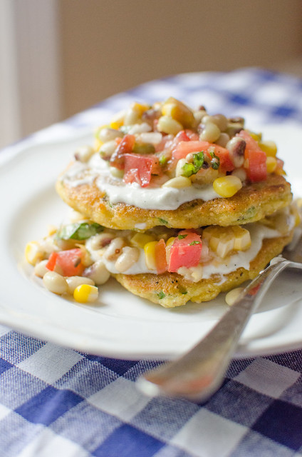 Okra Cornmeal Cakes with Whipped Goat Cheese and Black Eyed Pea Salad