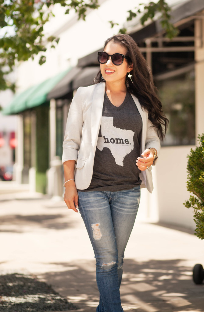 cute & little blog | petite fashion | the home t | texas state tee, gray blazer, distressed jeans | summer casual friday work outfit