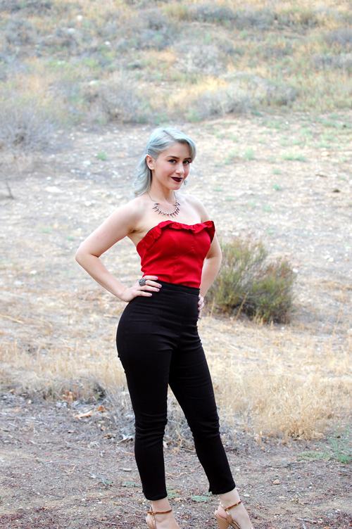 Pinup Girl Clothing Black Cigarette Pants Dixiefried Bustier Top in Red