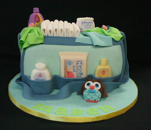 Diaper bag cake for a baby shower by Fancy That Cake