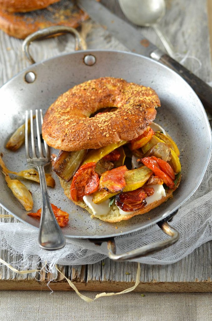 Roasted Vegetables Bagel and Goat Cheese