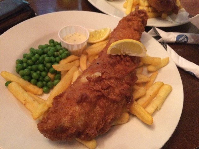 British fish and chips with peas