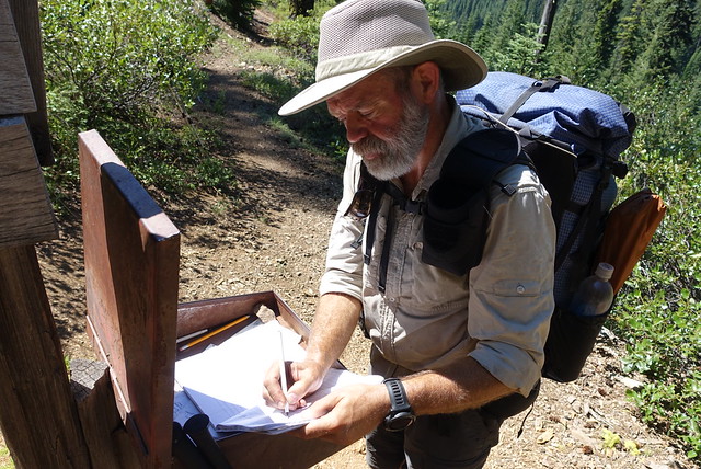 Signing the trail register, coming into Oregon