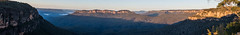 Panorama of sunrise at the Three Sisters, Katoomba, Blue Mountains, New South Wales, Australia