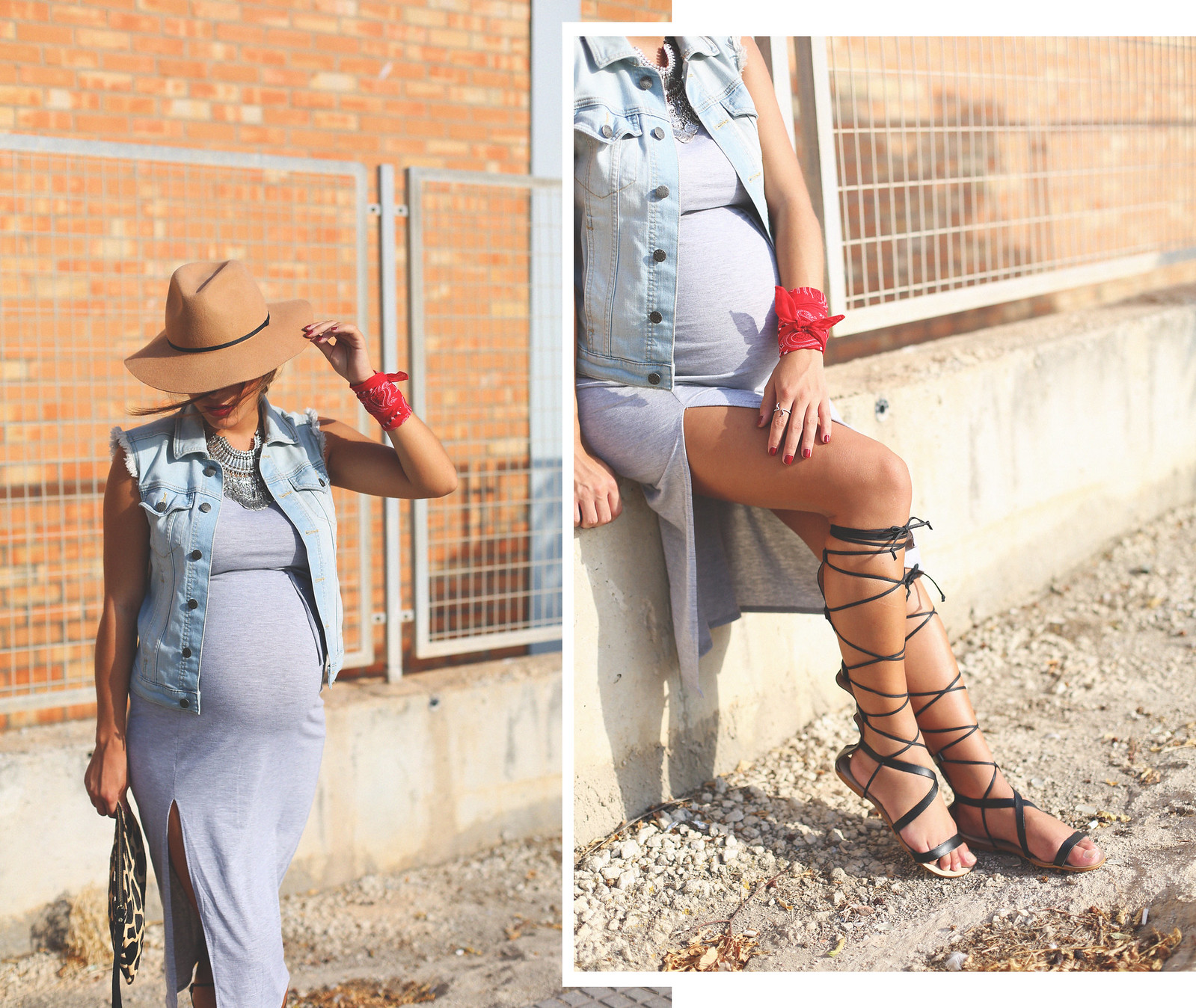 1. long grey bodycon dress denim vest gladiator sandals - jessie chanes - pregnancy