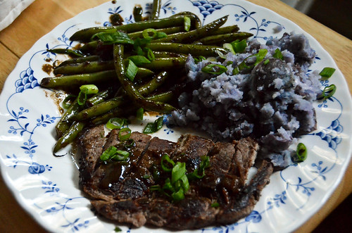 Sirloin Steaks with Mashed Purple Potatoes & Summer Vegetables