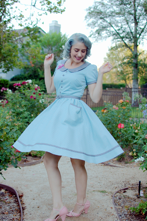 Pinup Girl Clothing Dee Dee Dress in Grey and Baby Blue Gingham