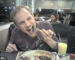 Thomas Weaver diggin' into a "Meat Lover's Special" 