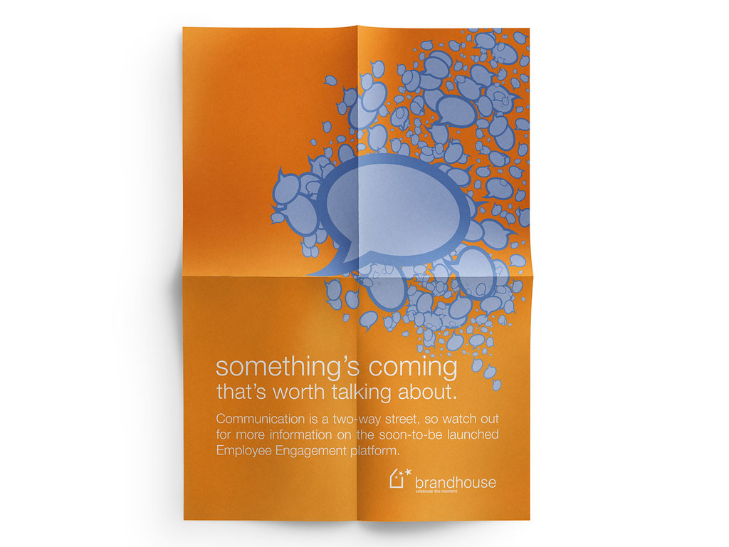 Internal communication campaign orange poster for brandhouse depicting a swarm of speech bubbles