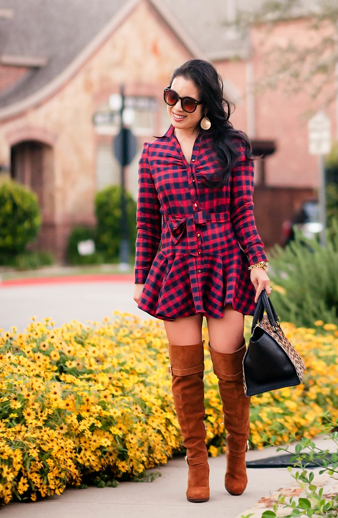 cute & little blog | petite fashion | red plaid dress, suede over the knee boots, leopard satchel | fall outfit
