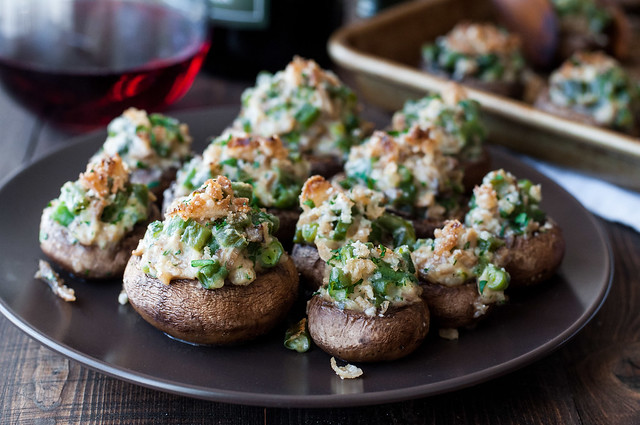 Green bean casserole stuffed mushrooms--a classic holiday side dish turned appetizer!