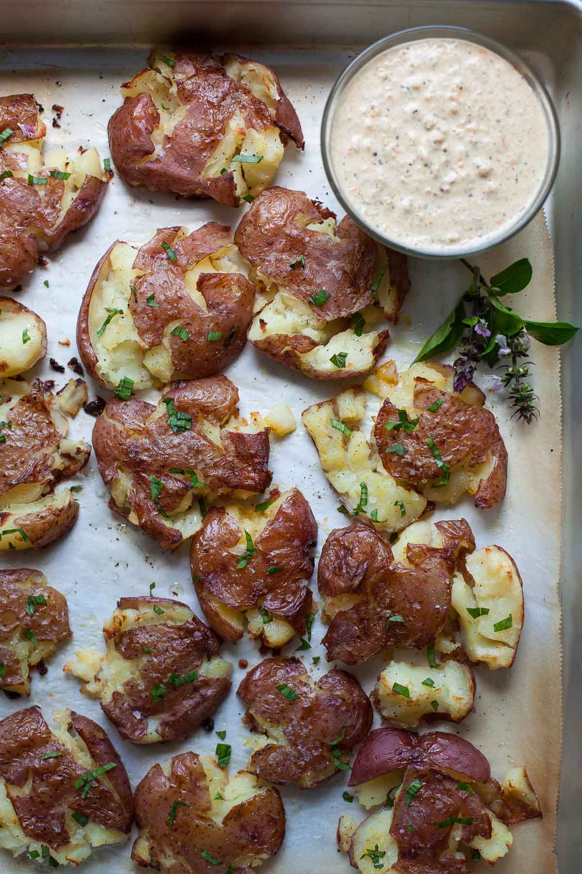 Smashed Potatoes with Hatch Chile Tomatillo Crema | acalculatedwhisk.com