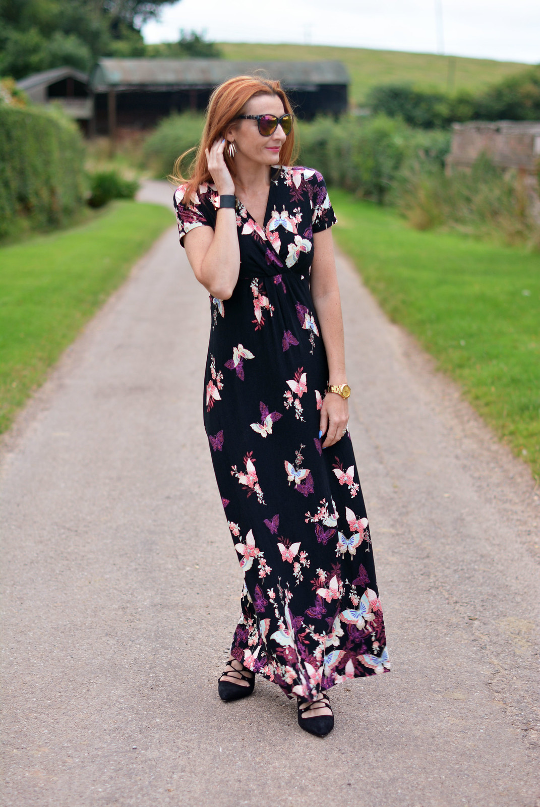 Late summer outfits - Butterfly print maxi dress, black lace-up shoes