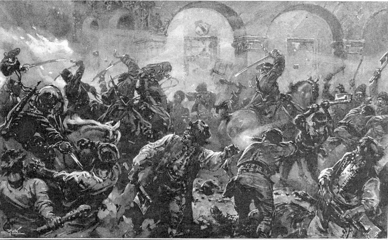 Cavalry patrol sabring the rioters in the streets of Comănești during Romanian Peasants' revolt