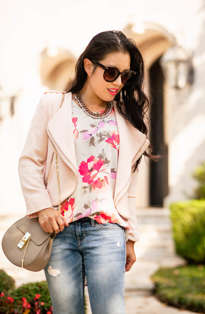 cute & little | petite fashion blog | pink moto jacket, floral swing tank, boyfriend distressed jeans, pink pumps, chloe drew | spring fall outfit