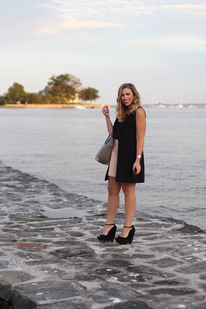 Blush Leather Skirt | Long Black Vest | By the Ocean