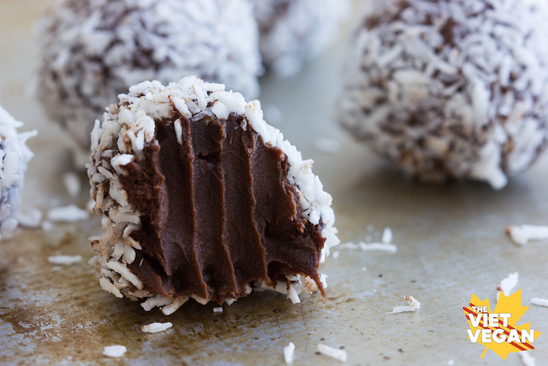 THREE INGREDIENT Vegan Coconut Chocolate Truffles | The Viet Vegan | Creamy...sweet...and coconutty. Delicious!