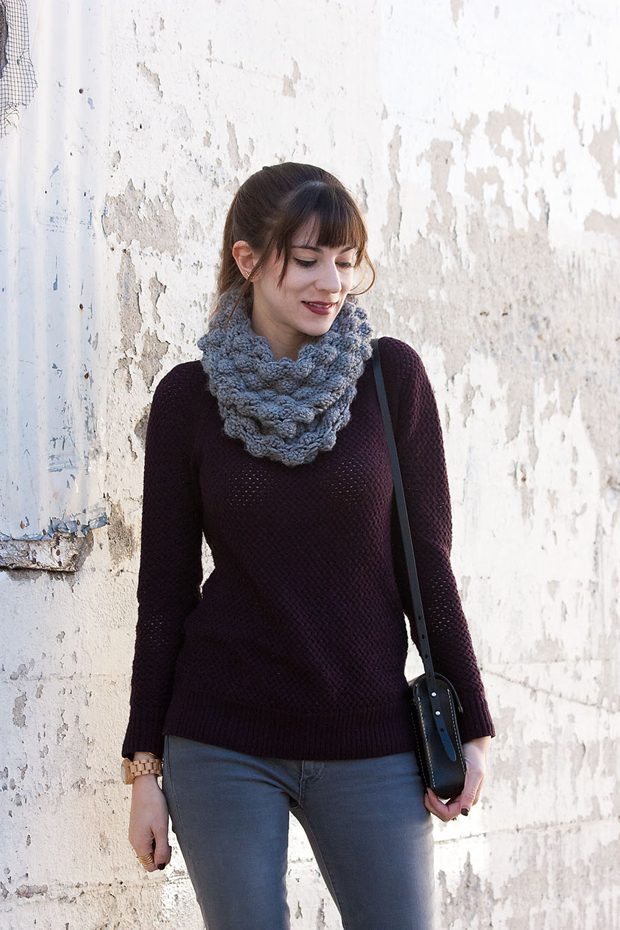 Grey Knit Snood, Purple Knit Sweater, Fall Outfit