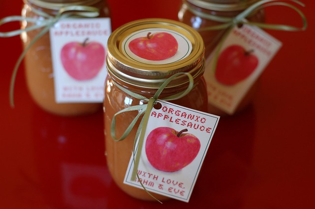 Jars of homemade organic applesauce with label by Eve Fox, the Garden of Eating, copyright 2007