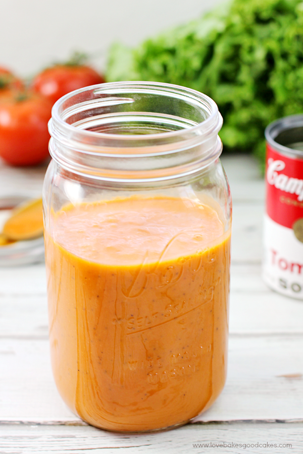 Tomato Soup Salad Dressing in a glass jar without the lid.