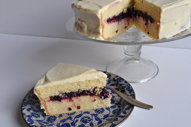 Vanilla Cake with Blueberry Compote Filling and Lemon Curd Frosting