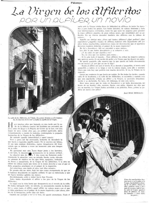Reportaje sobre la Virgen de los Alfileritos en al revista Estampa el 9 de septiembre de 1930, escrito por José Díaz Morales