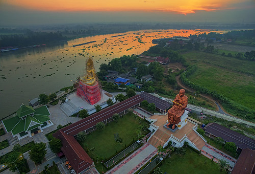 morning statue sunrise reflections river landscape thailand boats temple dawn boat buddha buddhist fields wat rc chaophraya drone pathumthani phantom3 p3a dji aeroscape phantom3advanced djip3a chonlaprathan
