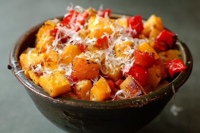 Roasted Butternut Squash & Red Peppers With Rosemary & Parmesan by Eve Fox, Garden of Eating blog, copyright 2011